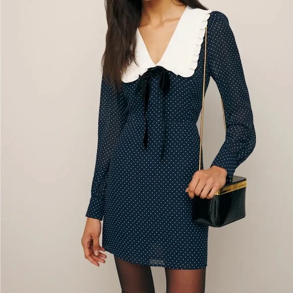 Reformation Navy Polka Dot Long Sleeve Dress - Picture 2 of 4